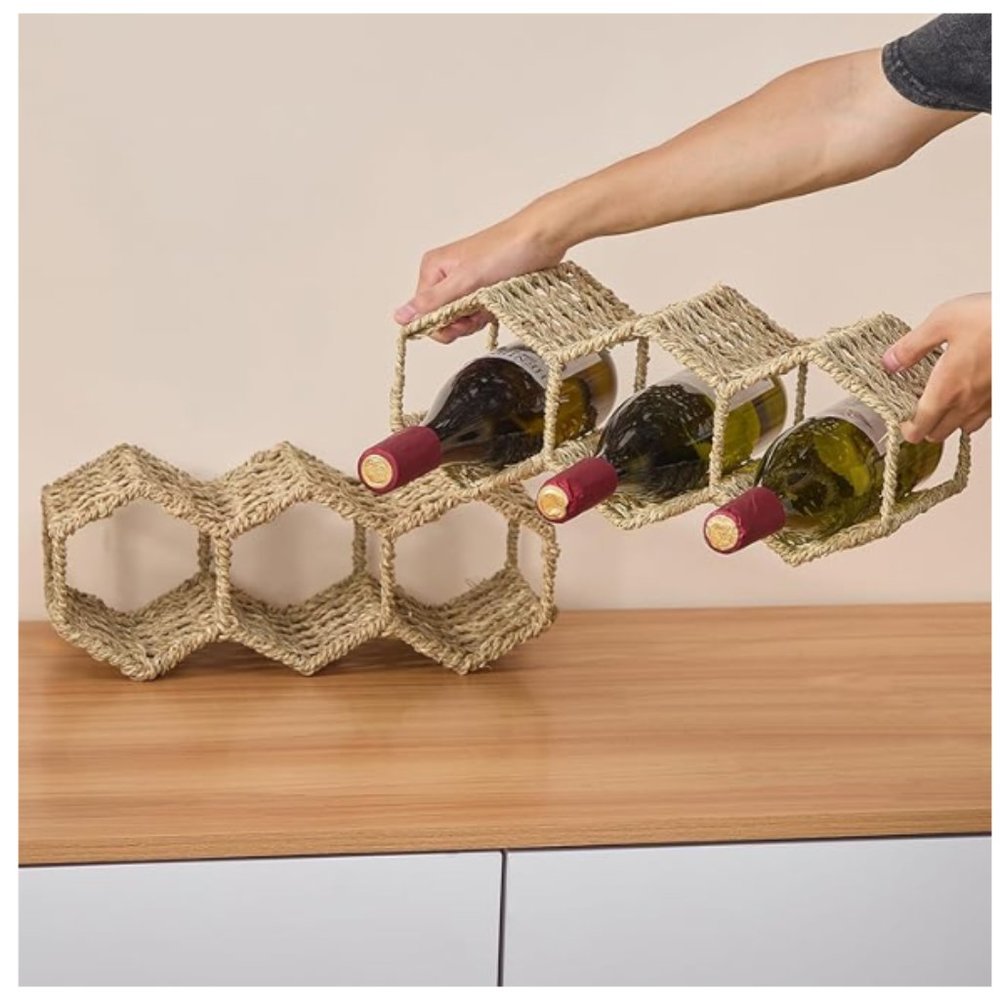 NEMSHIN Natural Seagrass Handmade Tabletop Wine Holder Bottle Rack 1 Layer